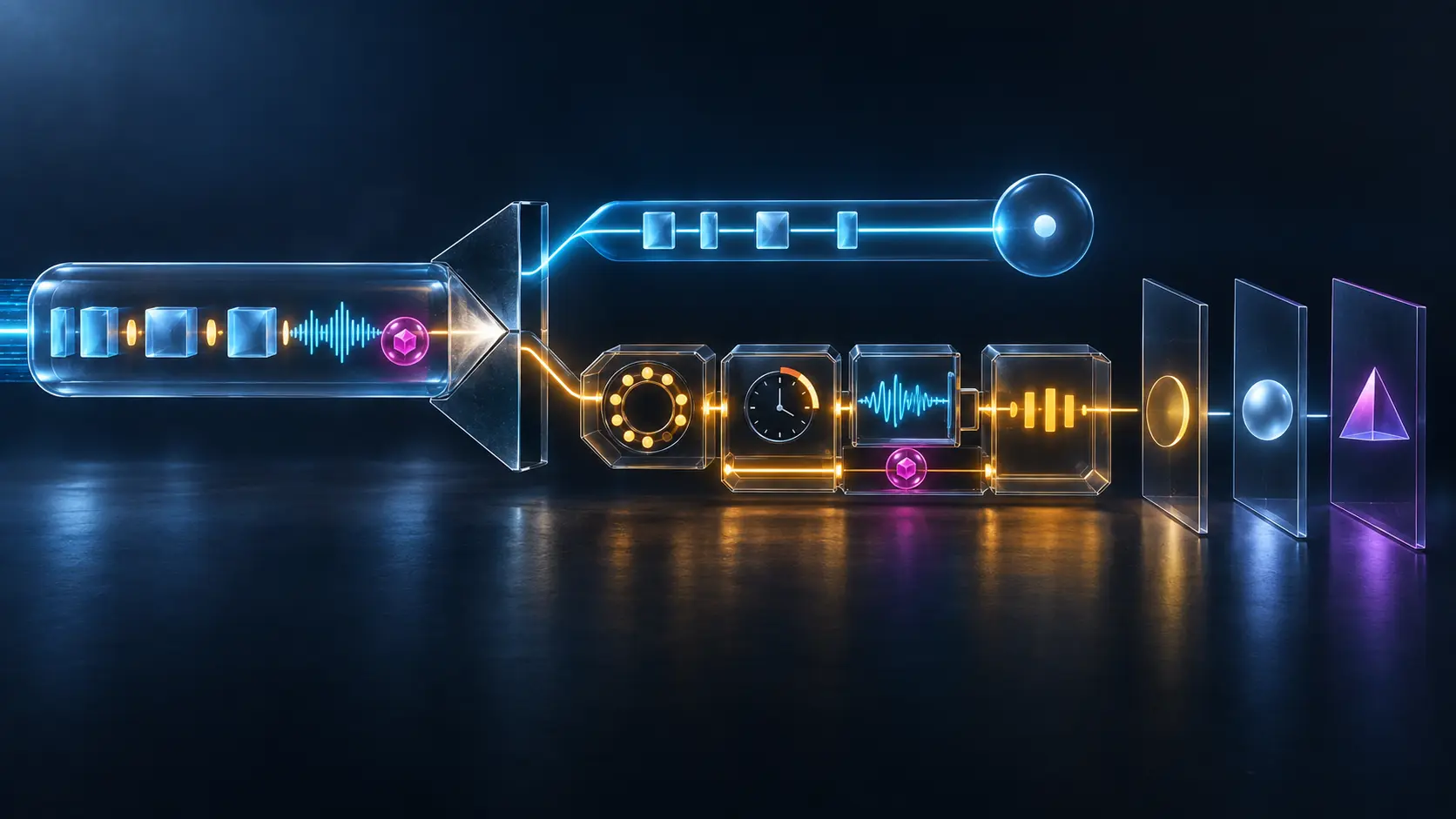 A classifier separates a cyan address path from an amber device-execution path containing timing, acoustic-wait and protected credential stages, followed by three distinct outcome boundaries.