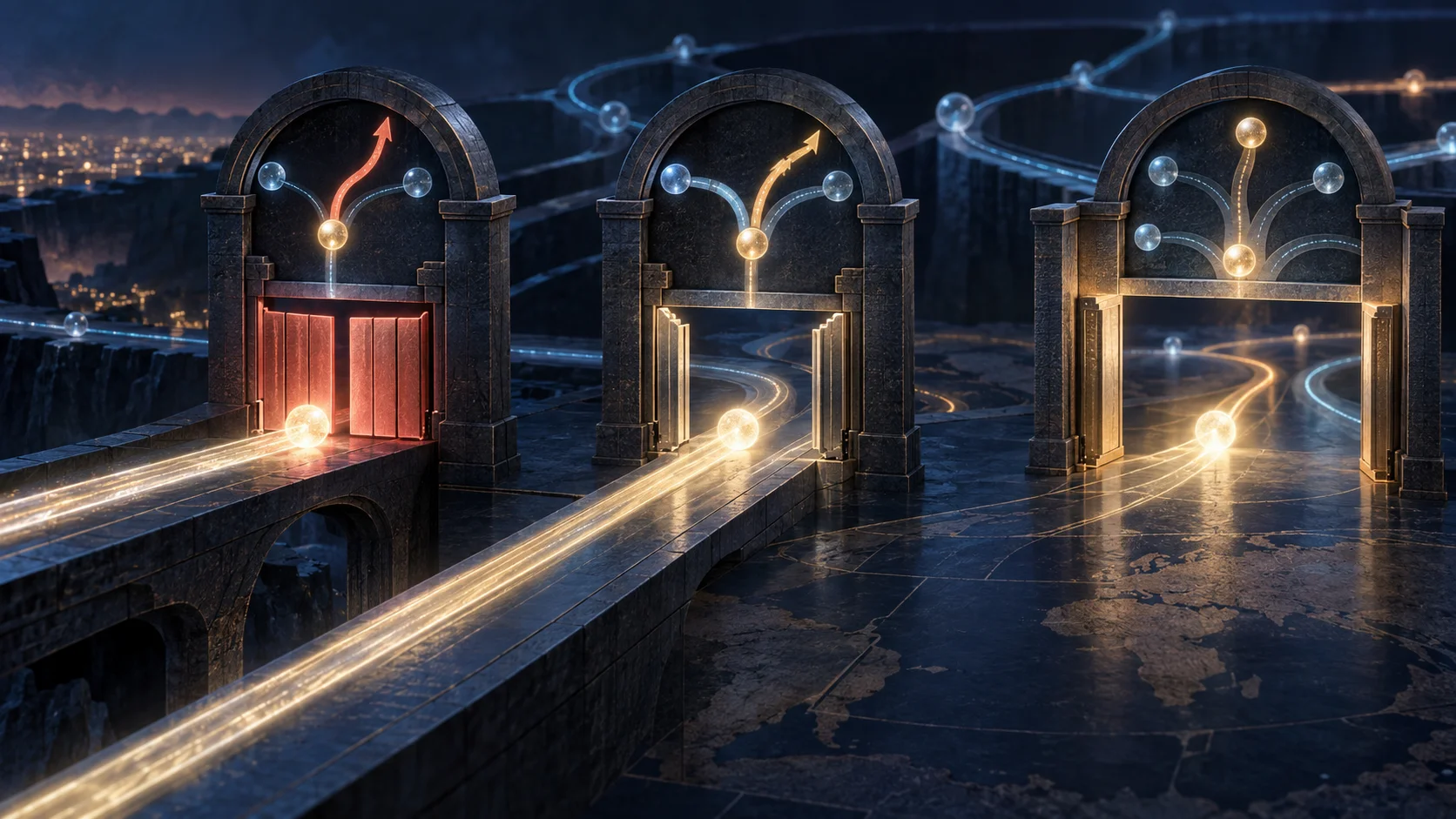 One source packet reaches three filters that test different views of the return route