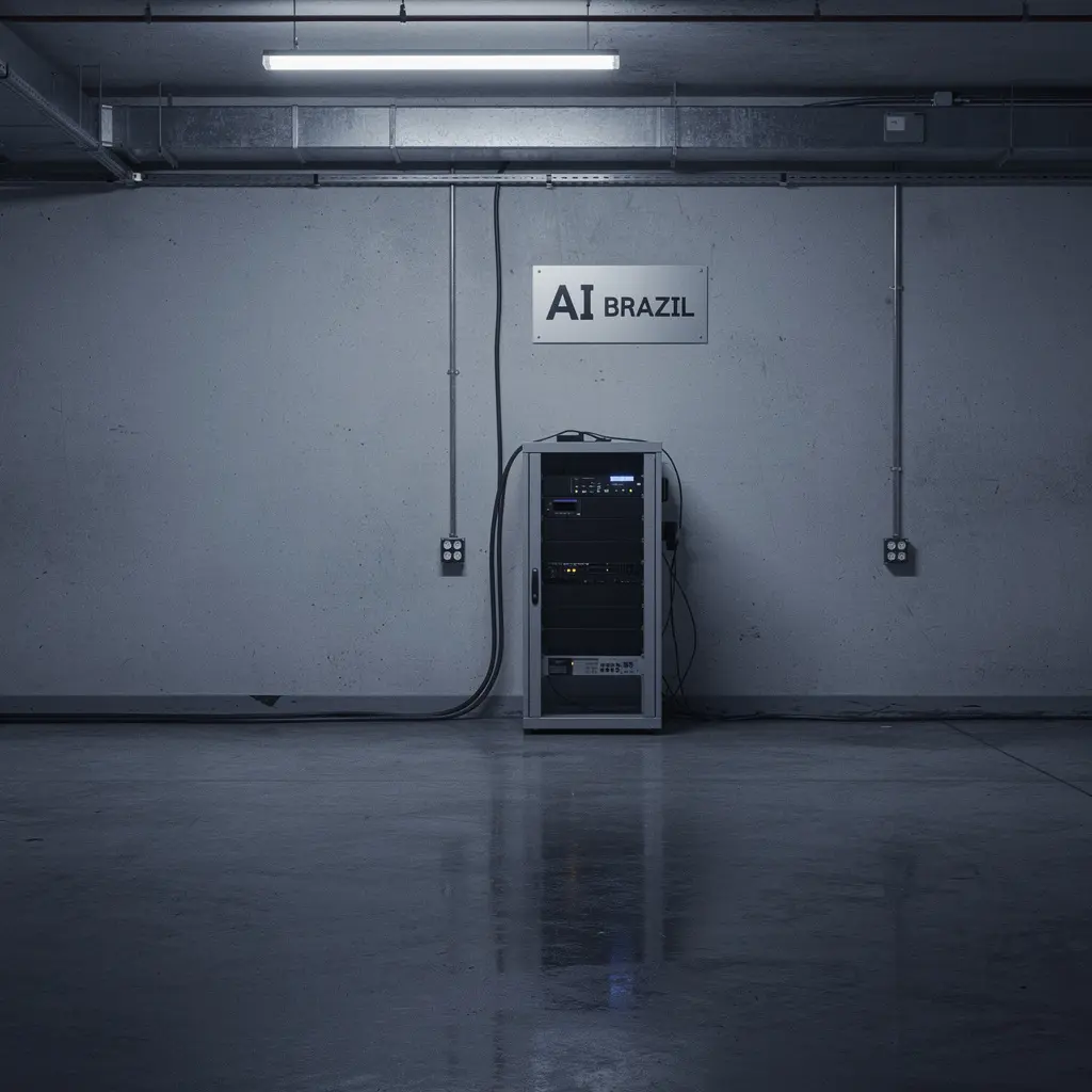 Sparse server room with a single small rack and an AI BRAZIL signage panel