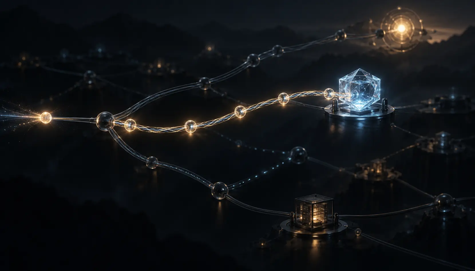 يتبع طلب مضيء فرعاً تحيط به حلقات حتى ذاكرة بلورية، بينما تبقى فروع خافتة متجهة إلى عقد أخرى قادرة على الإجابة.