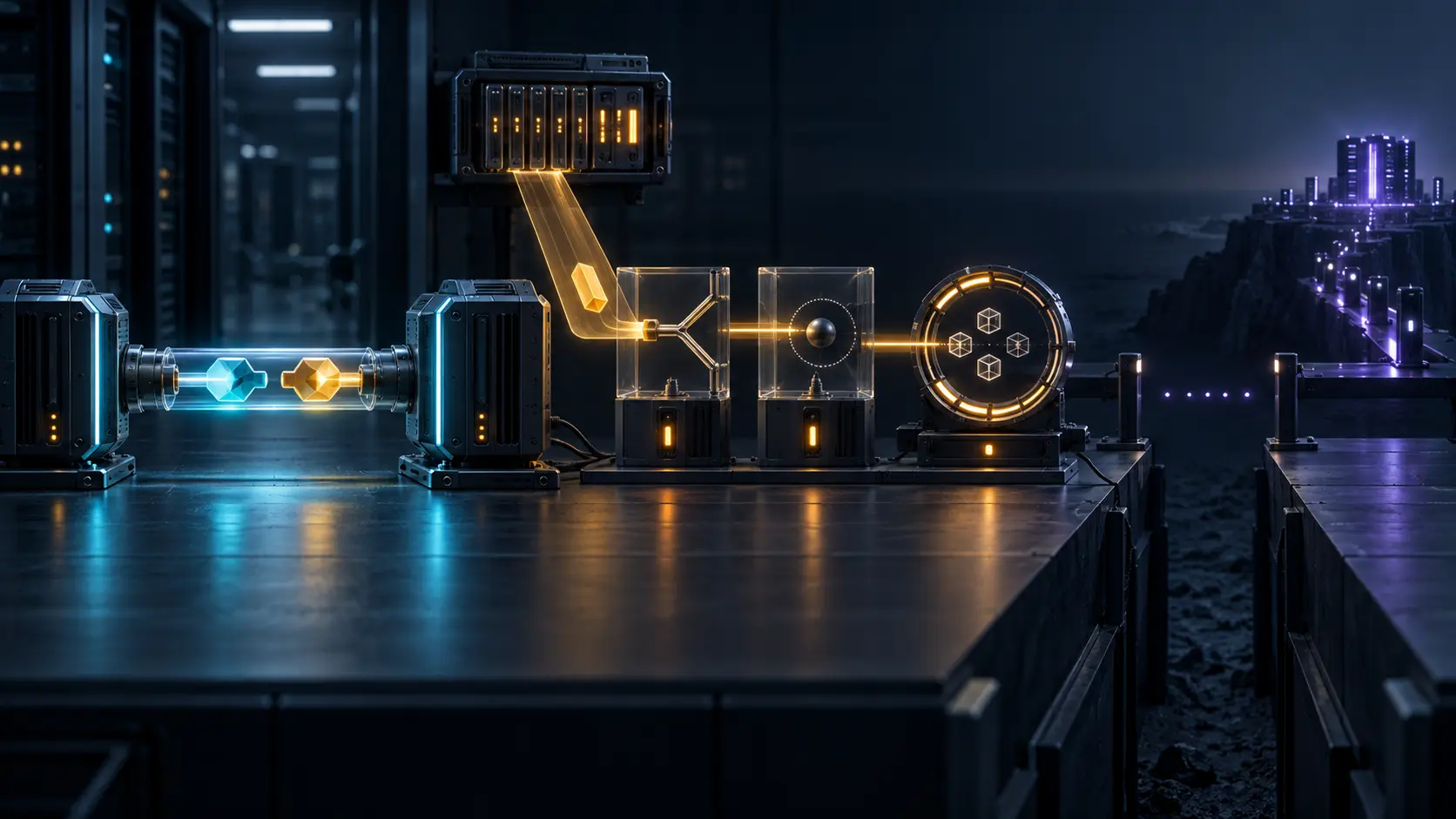 A completed cyan point-to-point exchange with two distinct tokens leads into an amber global-address path with two separate condition gates, an unresolved verification ring and a gap before the remote network.