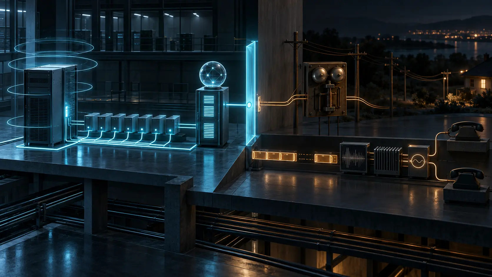 A cyan PacketCable management path reaches a completed control gate while an amber analog bell, interrupted media lane and two separate handsets remain beyond it.