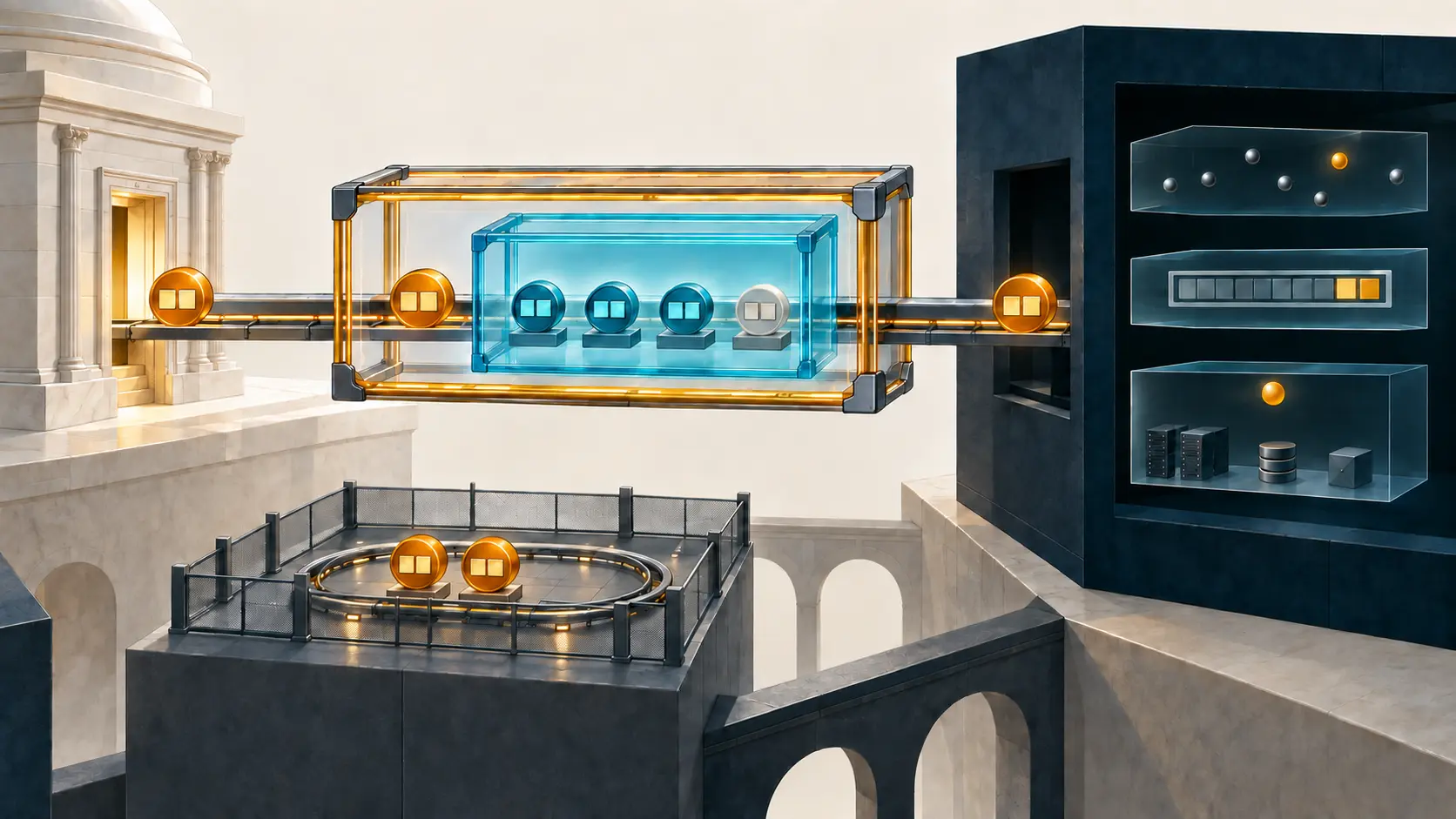 An amber IEEE allocation frame encloses a smaller cyan IANA namespace with paired protocol tokens, while local experimental tokens remain fenced below and execution evidence stays in separate dark chambers.