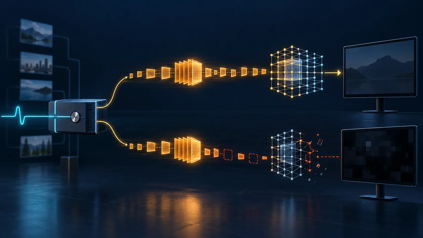 A cyan refresh command leaves a switching media controller while two amber packet paths reach different decoder lattices; the damaged lower path ends at an unresolved display.
