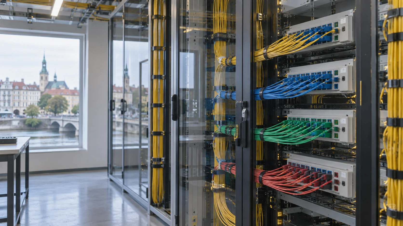 Separate color-coded fiber routes reach distinct handoff panels in a shared network room, illustrating open access without implying a completed acquisition.