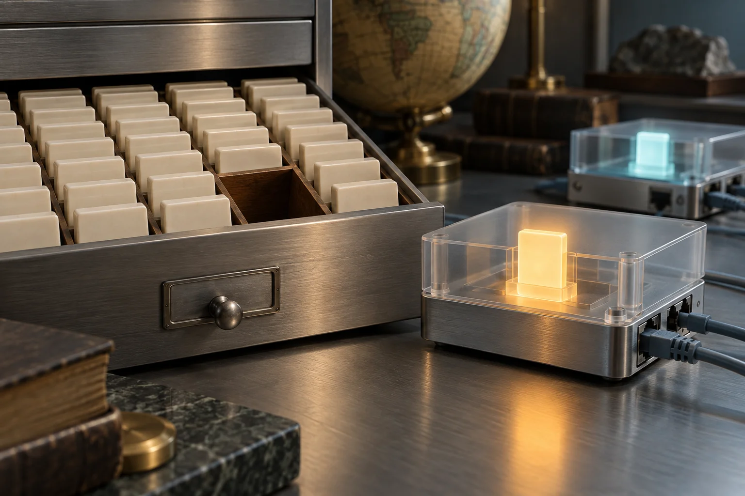 An empty slot in an archival registry drawer sits beside a separate device module holding a glowing token, illustrating how a code can be absent from the record yet present in use.