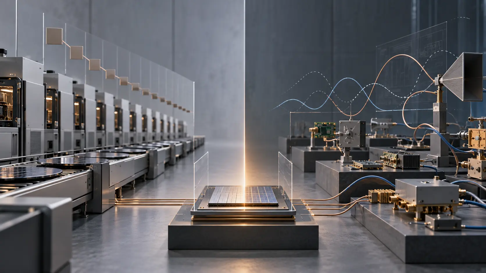 A semiconductor production line recedes beside a separate RF engineering bench, with a central test platform under a restrained amber light.