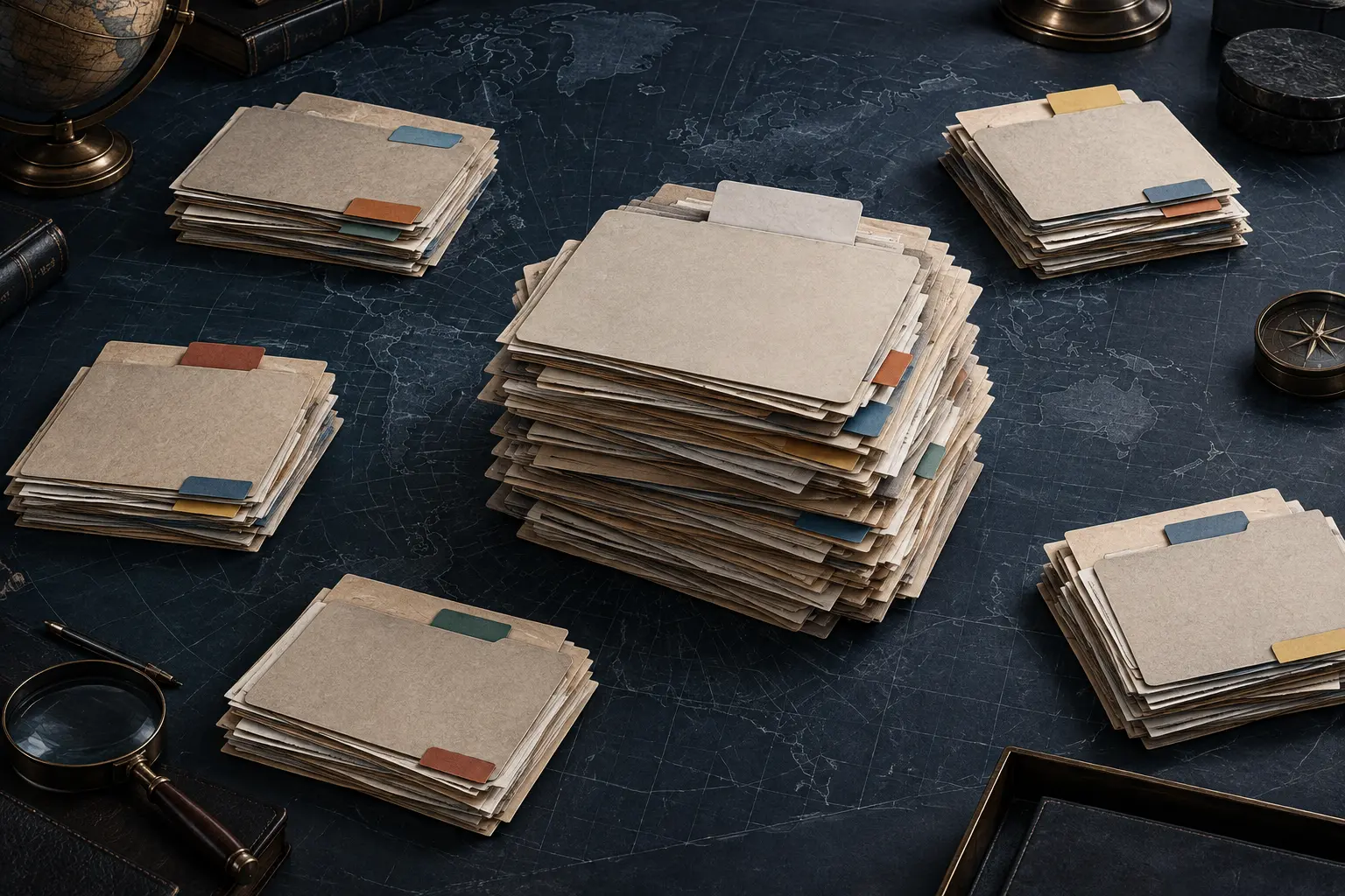Separate stacks of anonymous application files sit in one large and several smaller groups; repeated color tabs suggest recurring names without showing common ownership.