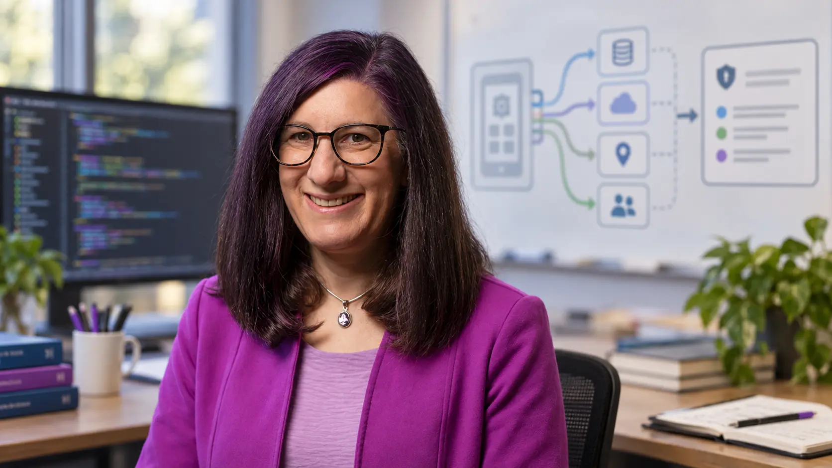 AI editorial portrait of Lorrie Cranor in a privacy-engineering workspace.