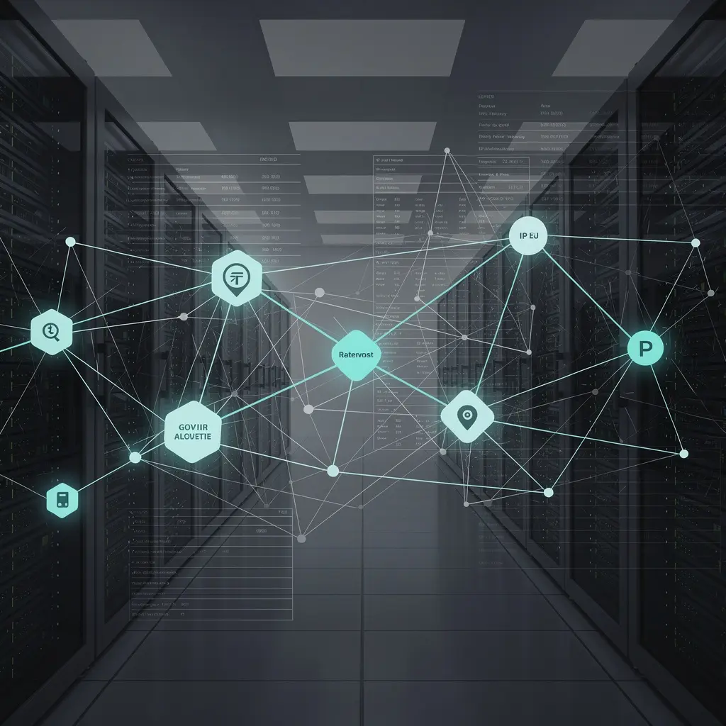 Dim server room mapped as a network topology graph, with a few IP allocation nodes glowing under scrutiny and ledger-like registry lines in the background