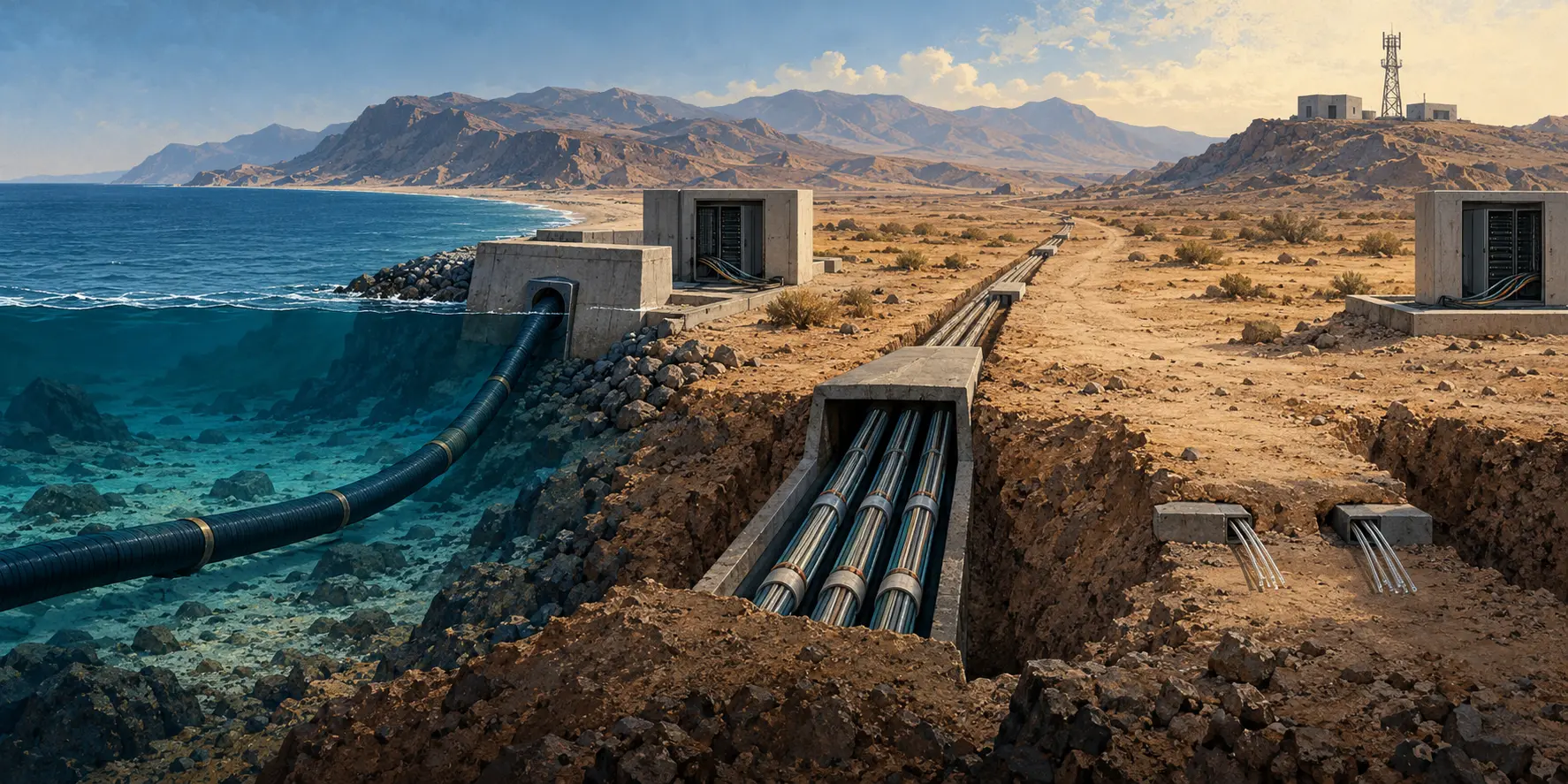 A submarine cable reaches an unnamed coast beside terrestrial fibre conduits and equipment cabinets.