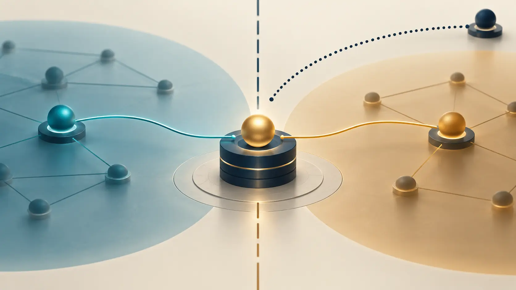 An abstract resource token connects service nodes across two network regions, while a dotted route announcement stops short.