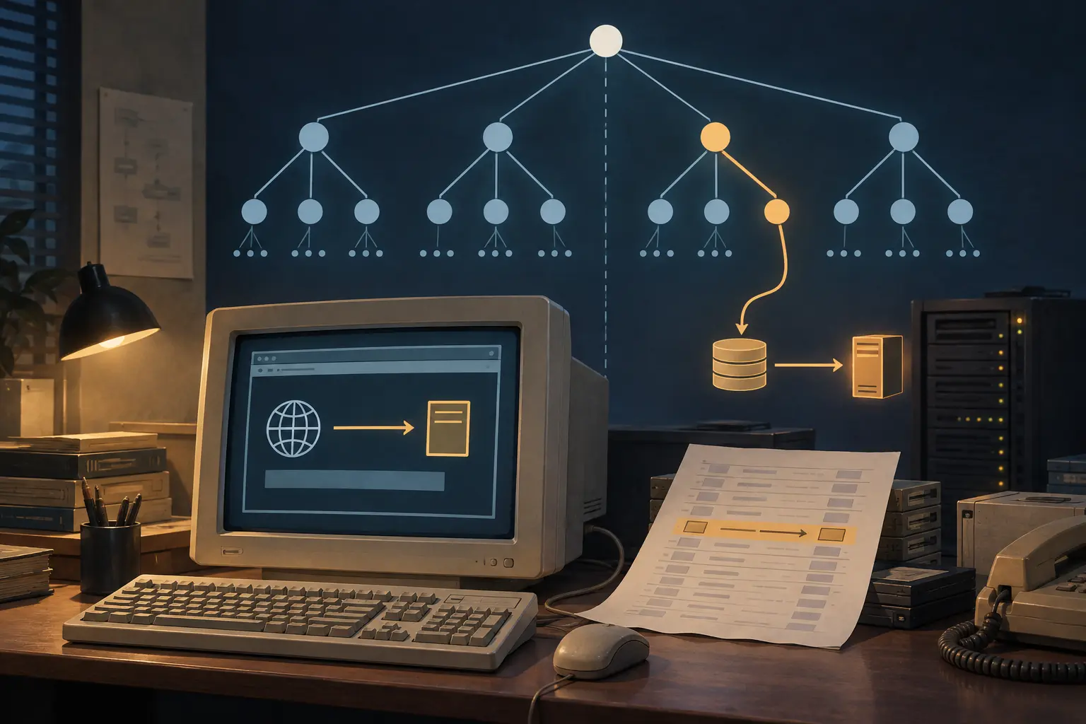 A 1997 network operations desk beneath a stable DNS tree, with one amber resolver-cache branch leading to a separate server.