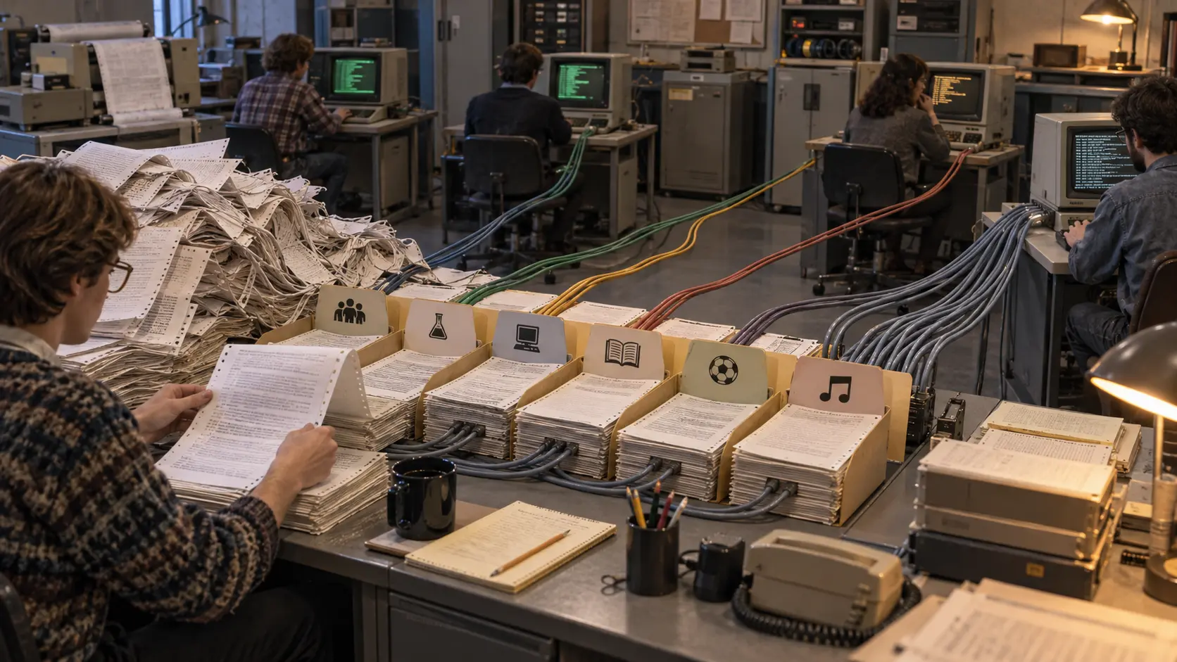 1980s newsprint is sorted into branching topic folders while separate computer sites select different Usenet feeds.
