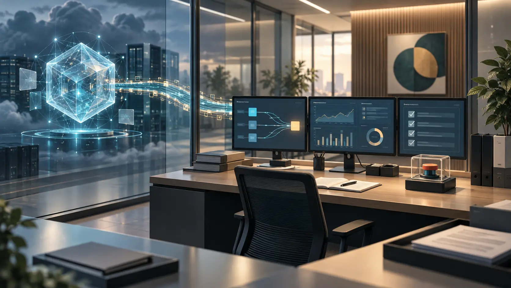 Conceptual image of an external AI service feeding a financial institution monitoring desk, with an inventory and stop control on the institution’s side.