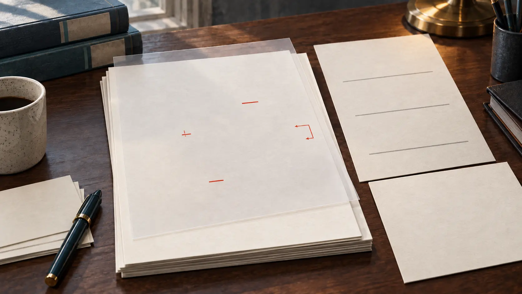 An editorial illustration shows a blank technical manuscript under a review overlay, with a few redline marks and a separate approval record.