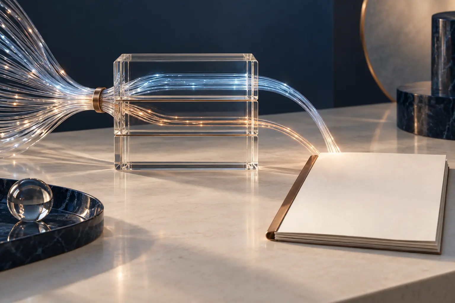 Optical-fibre strands pass through a transparent layered review frame toward a blank report folio, illustrating a statutory assessment of telecommunications security.