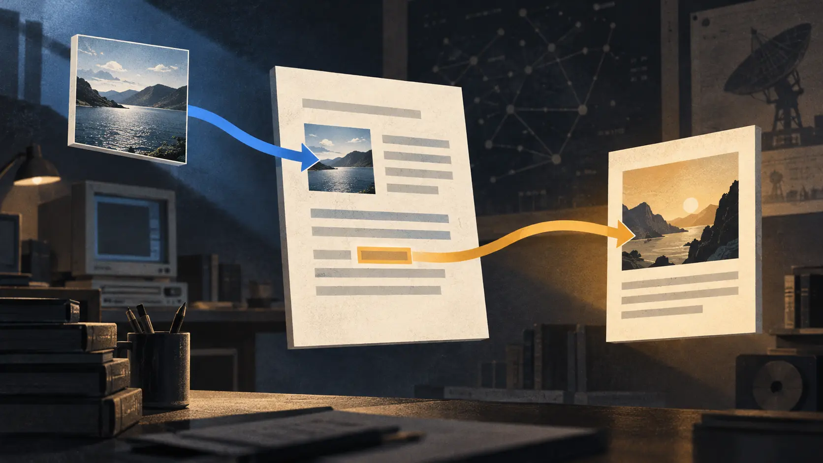 An editorial illustration shows an inline picture reached by a blue image-source path while a separate amber anchor path leads to another destination.