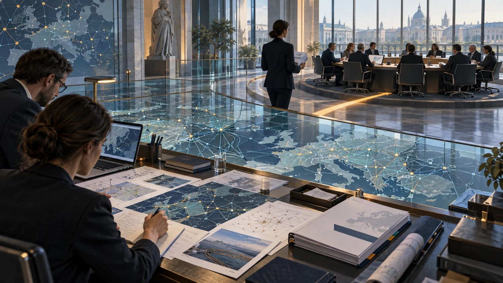 Editorial illustration of network evidence maps and draft reports moving from a preparation desk toward a European telecom-regulator board reviewing the plan.
