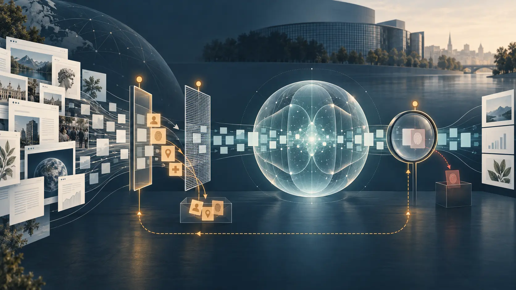 Editorial illustration of public web records passing a source filter, an AI model and an output monitor with a feedback loop.