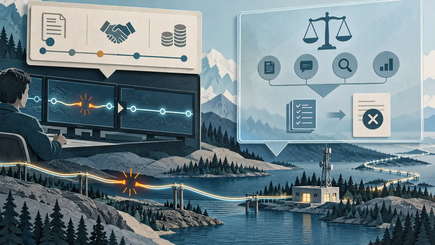 A northern telecom route briefly breaks and is restored beside a separate regulatory review of evidence.