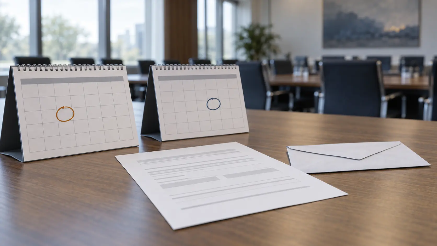 Two desk calendars show different days circled beside a blank proxy form and envelope in an empty meeting room.