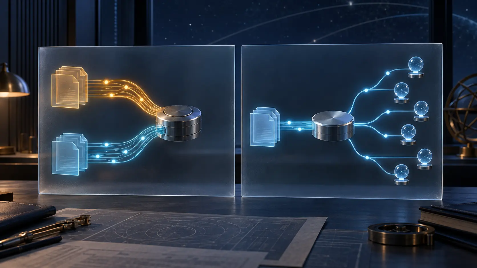 Two policy panels compare parallel IPv4 and IPv6 lanes through a registry hub with a separate single-lane allocation and distribution proposal.
