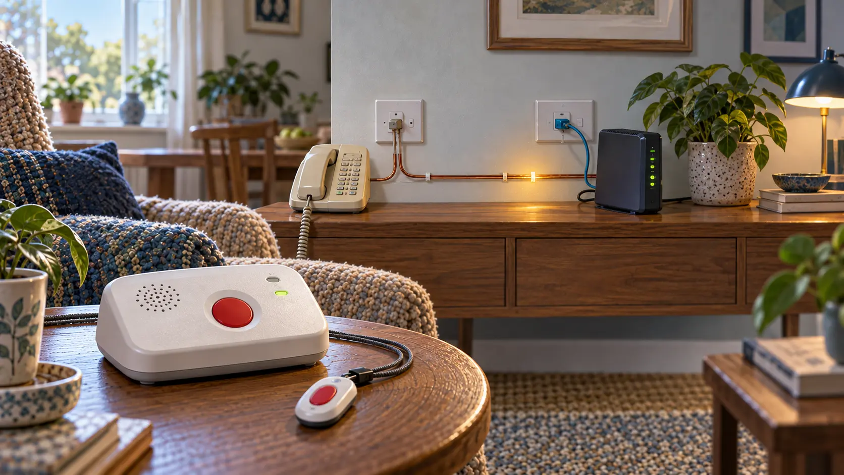 In a quiet home, a telecare alarm base and pendant sit beside an analogue telephone lead that reaches toward a digital router, showing the continuity challenge when voice service changes.