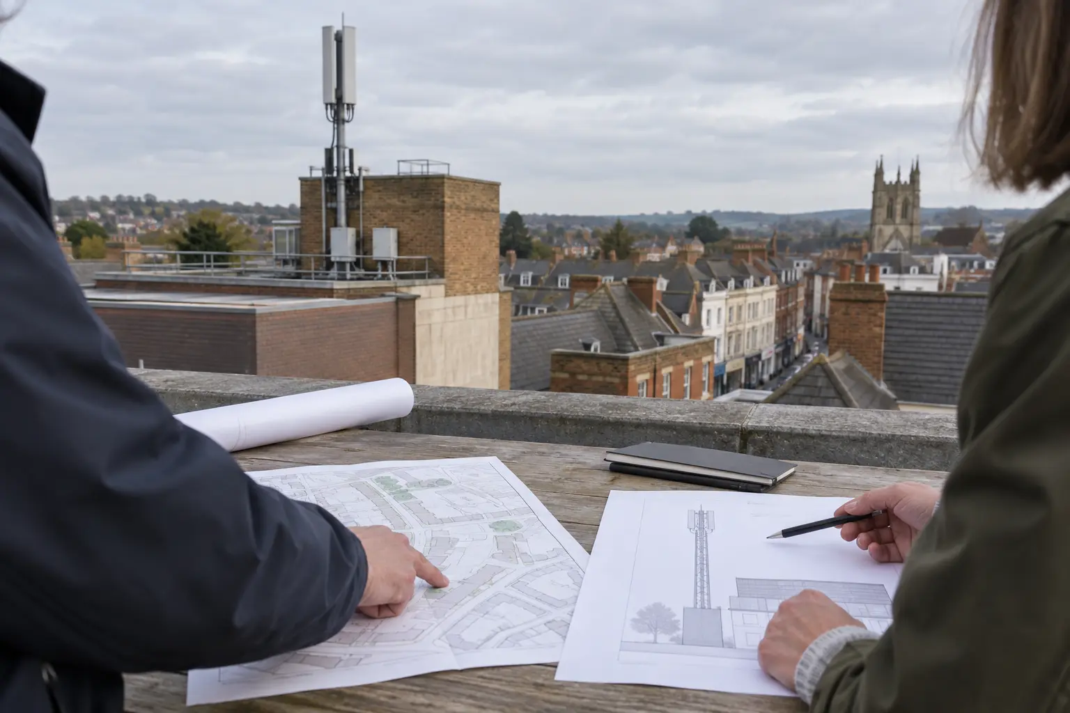 Planning professionals review an unmarked site plan beside an existing rooftop mobile mast in an English town.