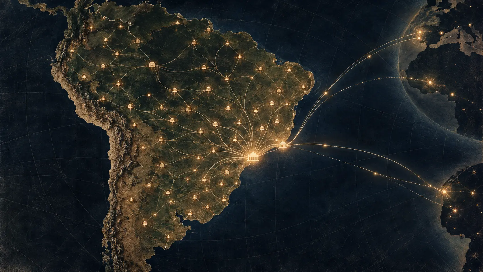 Conceptual illustration of a countrywide academic network converging on a few international gateways; not a historical route map.