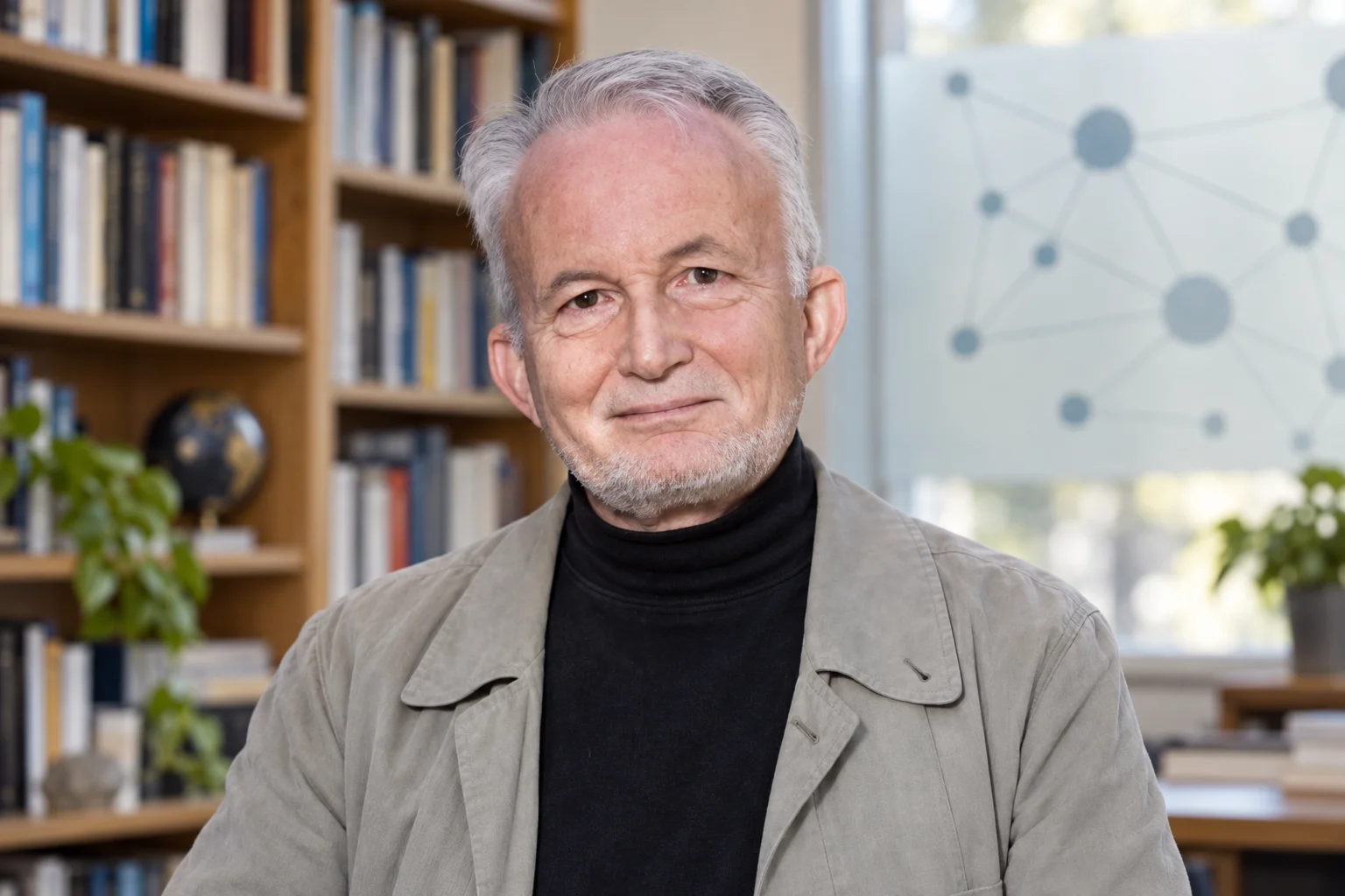 AI editorial portrait of Milton L. Mueller in a scholar's office with bookshelves and a subtle network diagram.