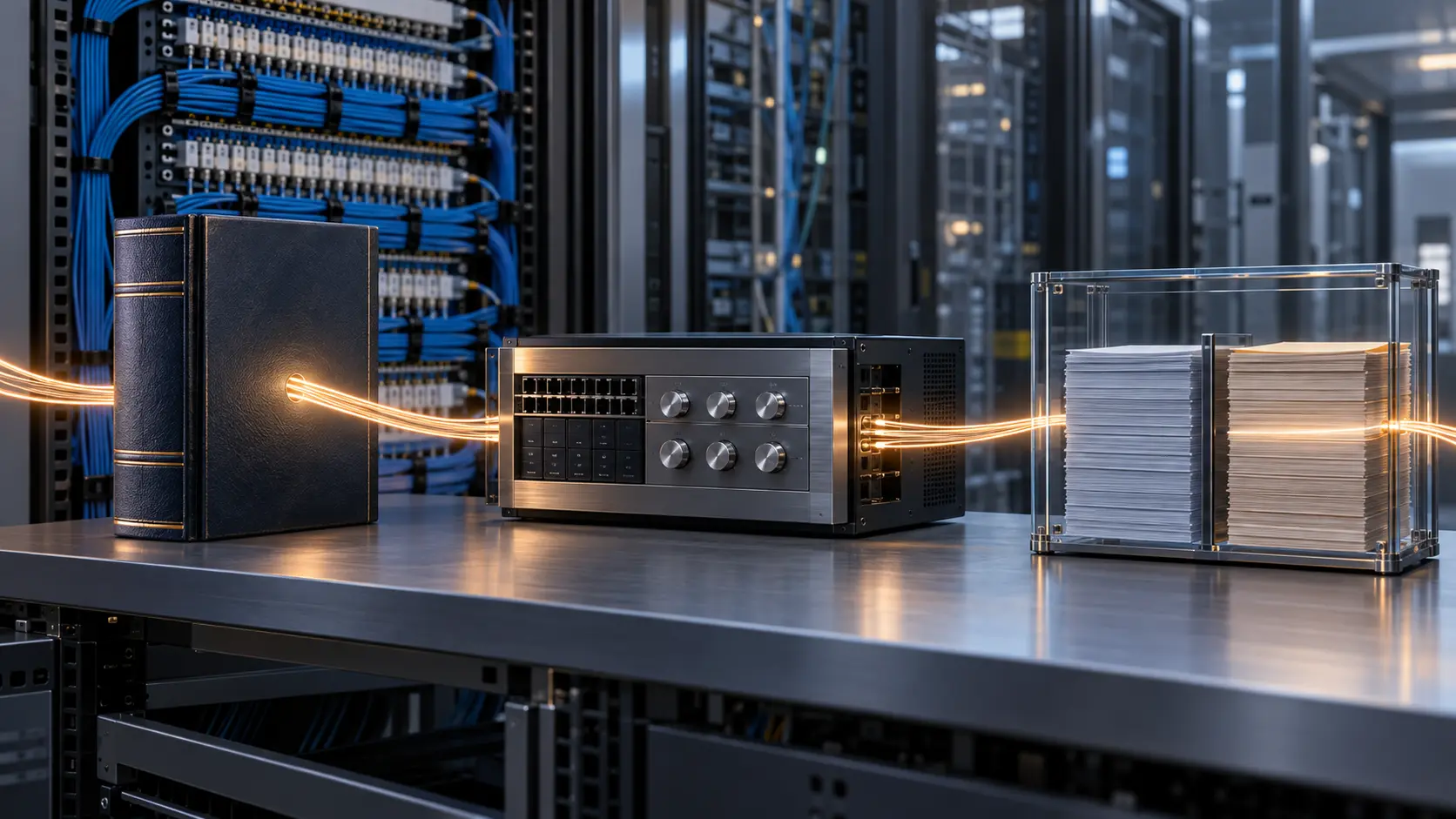 A fibre route connects a legal volume, security controls and an evidence ledger inside a quiet telecom exchange.