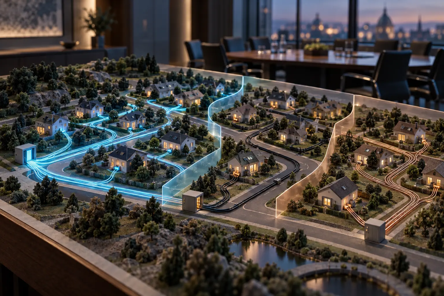 Glowing fibre lines, dark coaxial routes and copper pairs cross a fictional miniature neighbourhood; translucent boundaries divide areas by network reach.