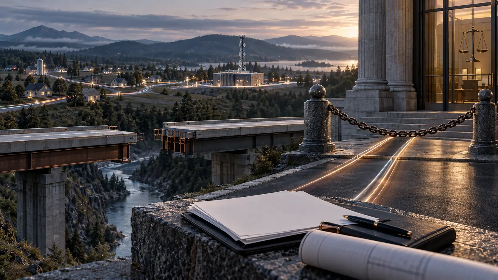 A broadband network continues across a rural landscape as a courthouse threshold and an unfinished financing bridge mark a temporary legal and funding gate.