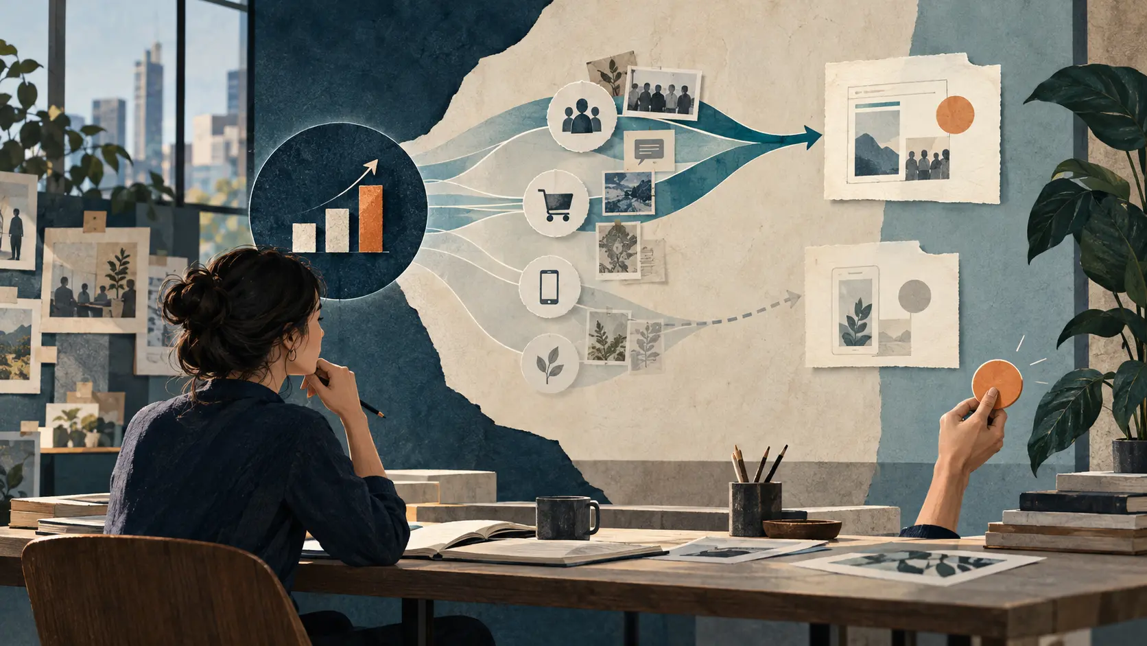 Conceptual editorial illustration of a product analyst tracing a changed KPI through possible drivers before choosing an experiment; not a Salesforce or Loops interface.