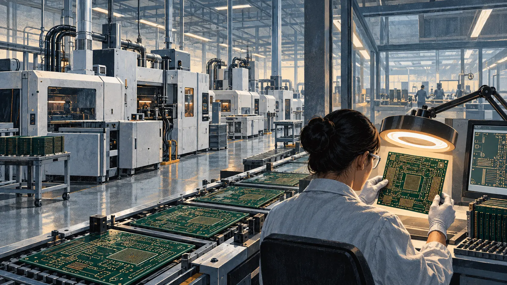 Conceptual editorial illustration of an engineer inspecting an advanced PCB line in an existing factory; it depicts neither a specific TTM site nor confirmed customer-qualified production.