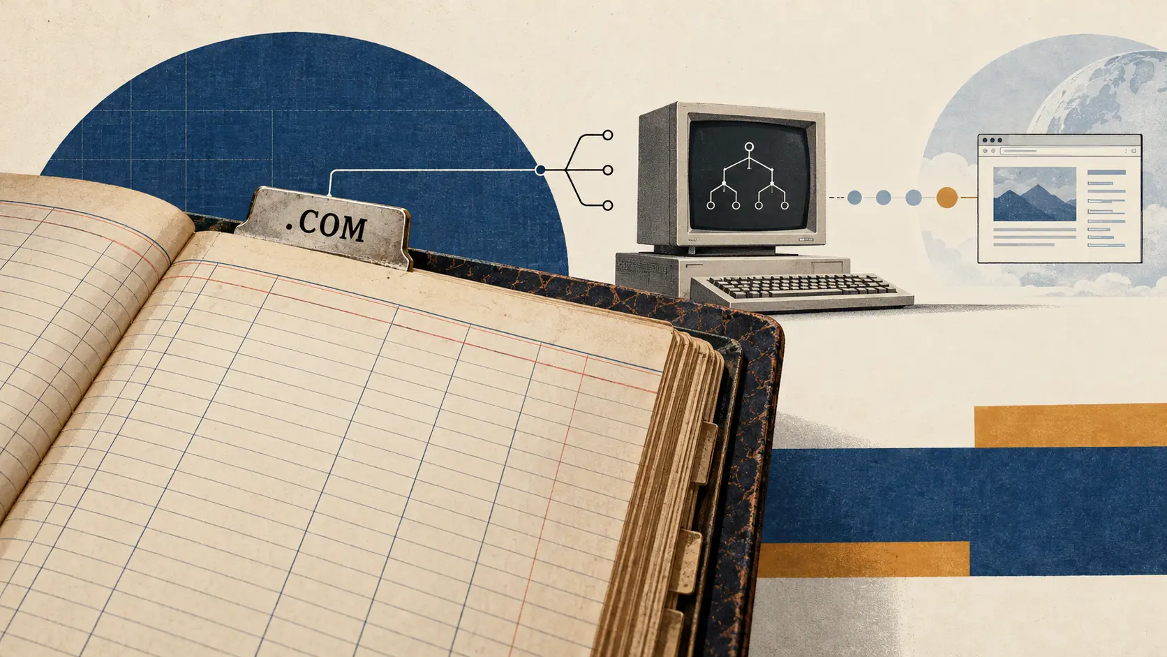 Illustration of a .com registry ledger before a later Web browser, showing naming administration as a separate layer.