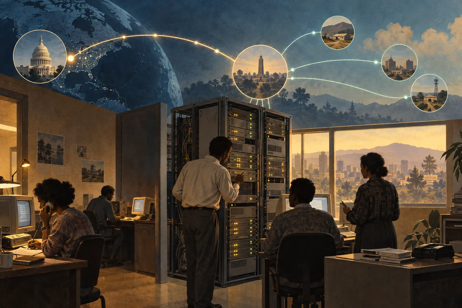 Telecommunications staff work beside a central 1990s network cabinet as an abstract international route branches from Washington toward Addis Ababa and domestic nodes.