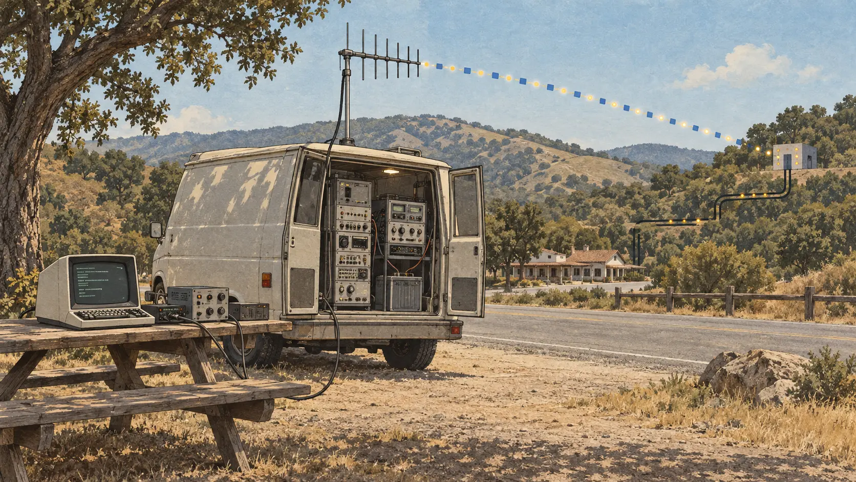 Conceptual illustration of a 1970s radio research van linking a terminal with a separate wired network.