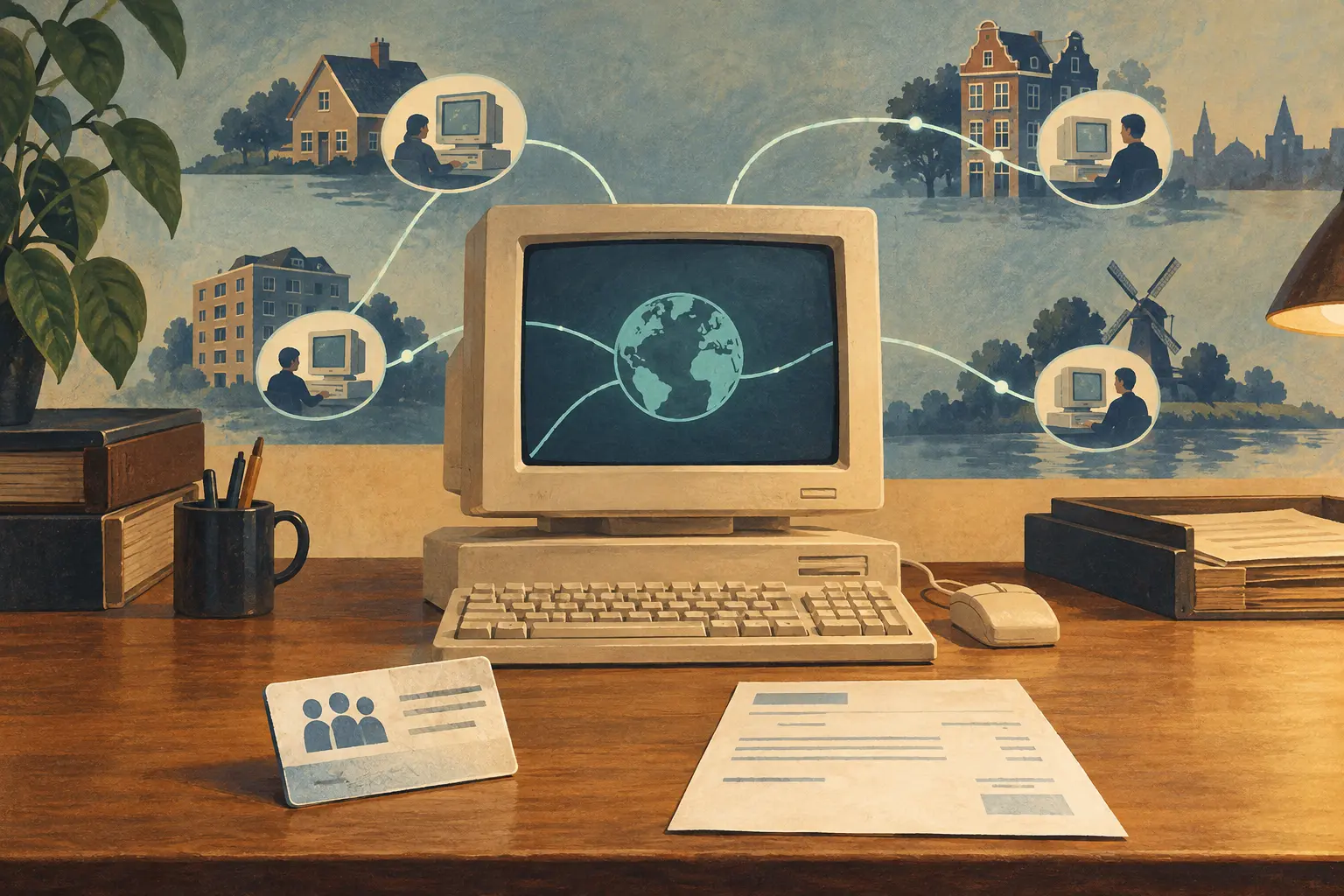 A 1990s computer terminal sits between a network of connected users and a membership card placed beside a subscription form.
