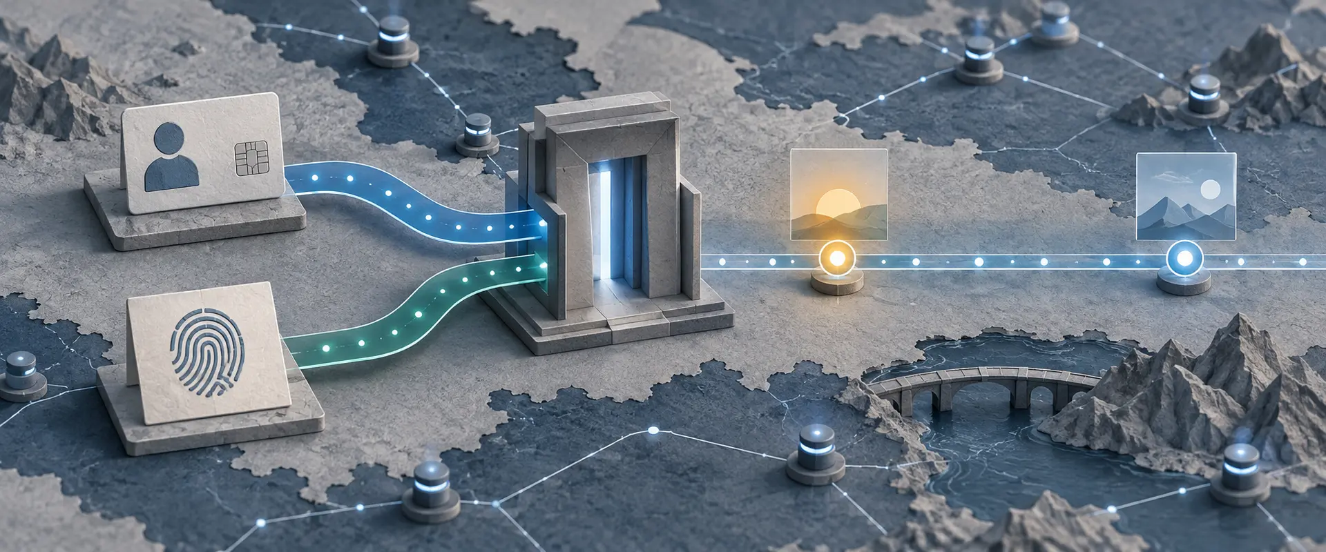 An editorial illustration shows two credential methods reaching one authorization gateway while network nodes remain active and a timeline continues from recovery toward closure.