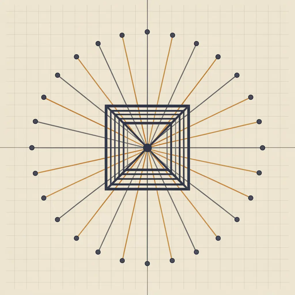 Minimal technical diagram of a single internet exchange point: one dominant central hub with many thin straight lines radiating outward to small uniform dots, over a faint grid