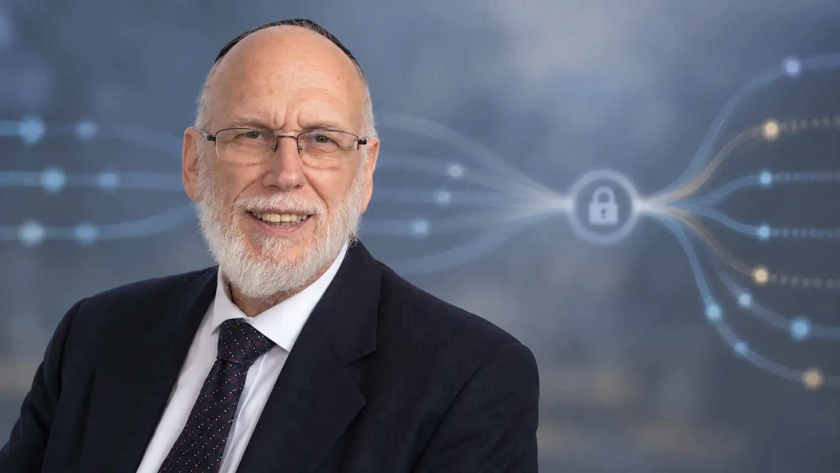 AI editorial portrait of Robert Moskowitz beside abstract network paths that separate host identity from changing IP locators.