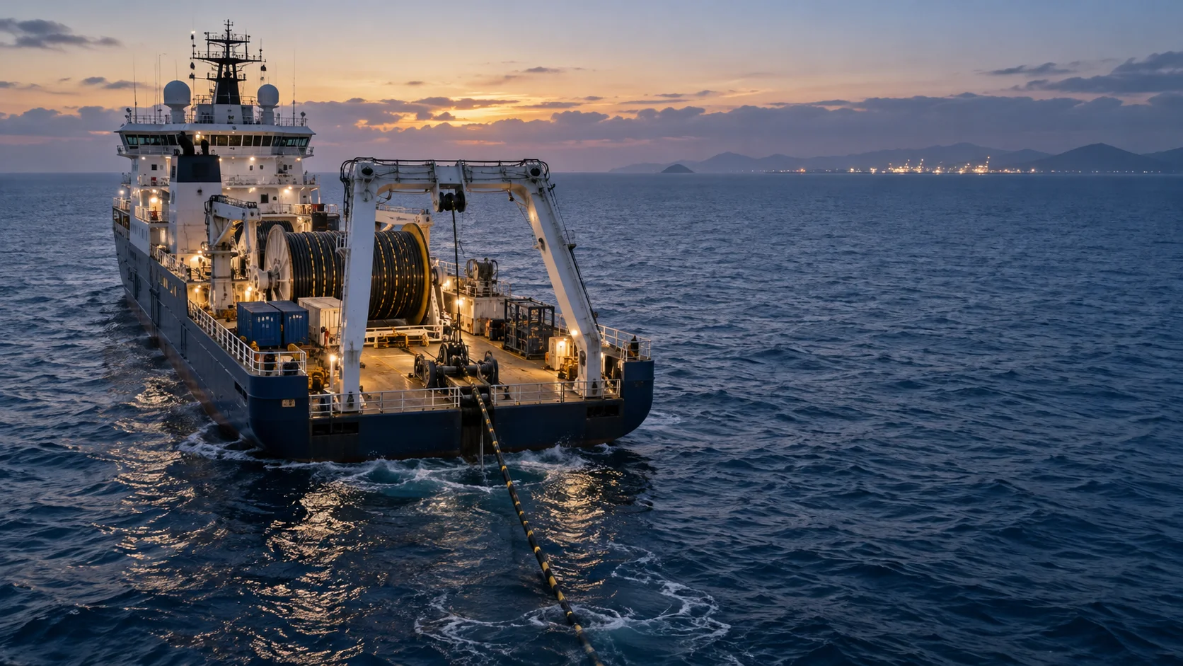 Conceptual illustration of a submarine-cable repair vessel and cable-handling equipment at sea.