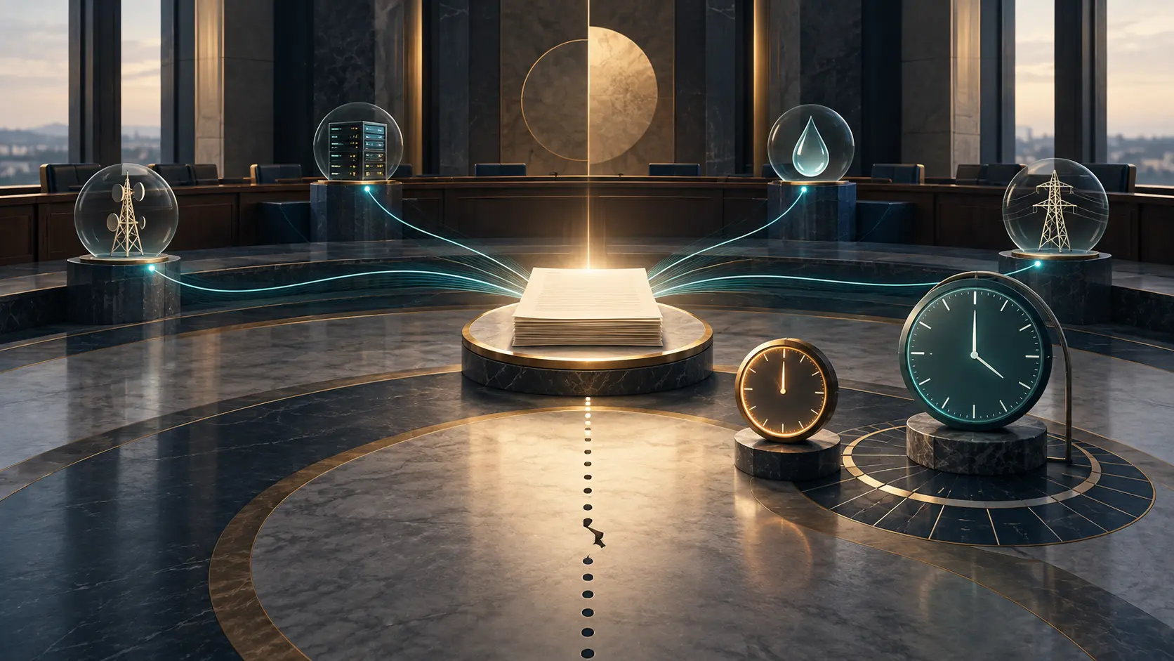 An unmarked statement sits between an unfinished dotted timeline and separate annual and five-year review clocks, connected to sector infrastructure nodes.