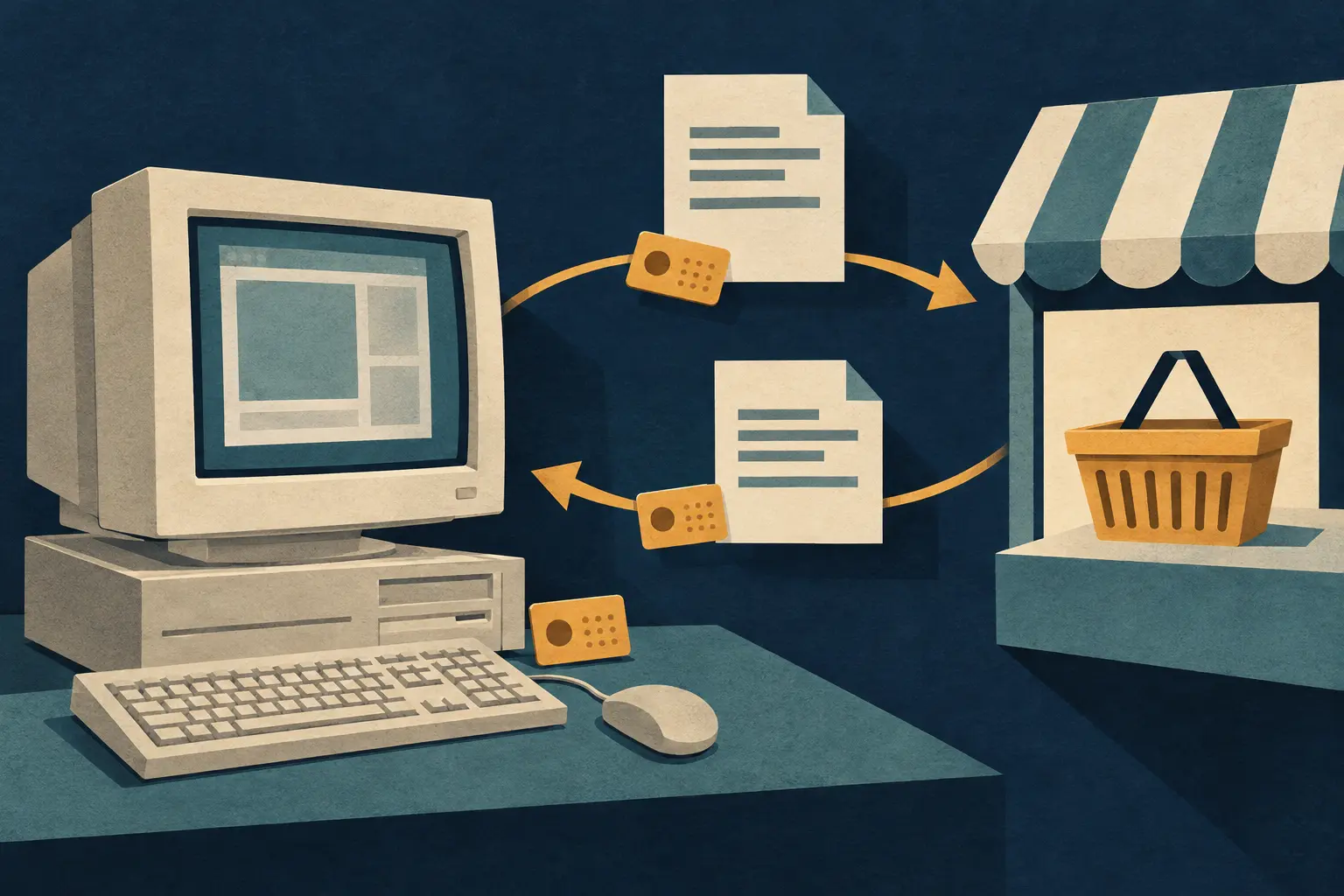 A mid-1990s browser carries a small amber state token between separate Web requests and a merchant basket.