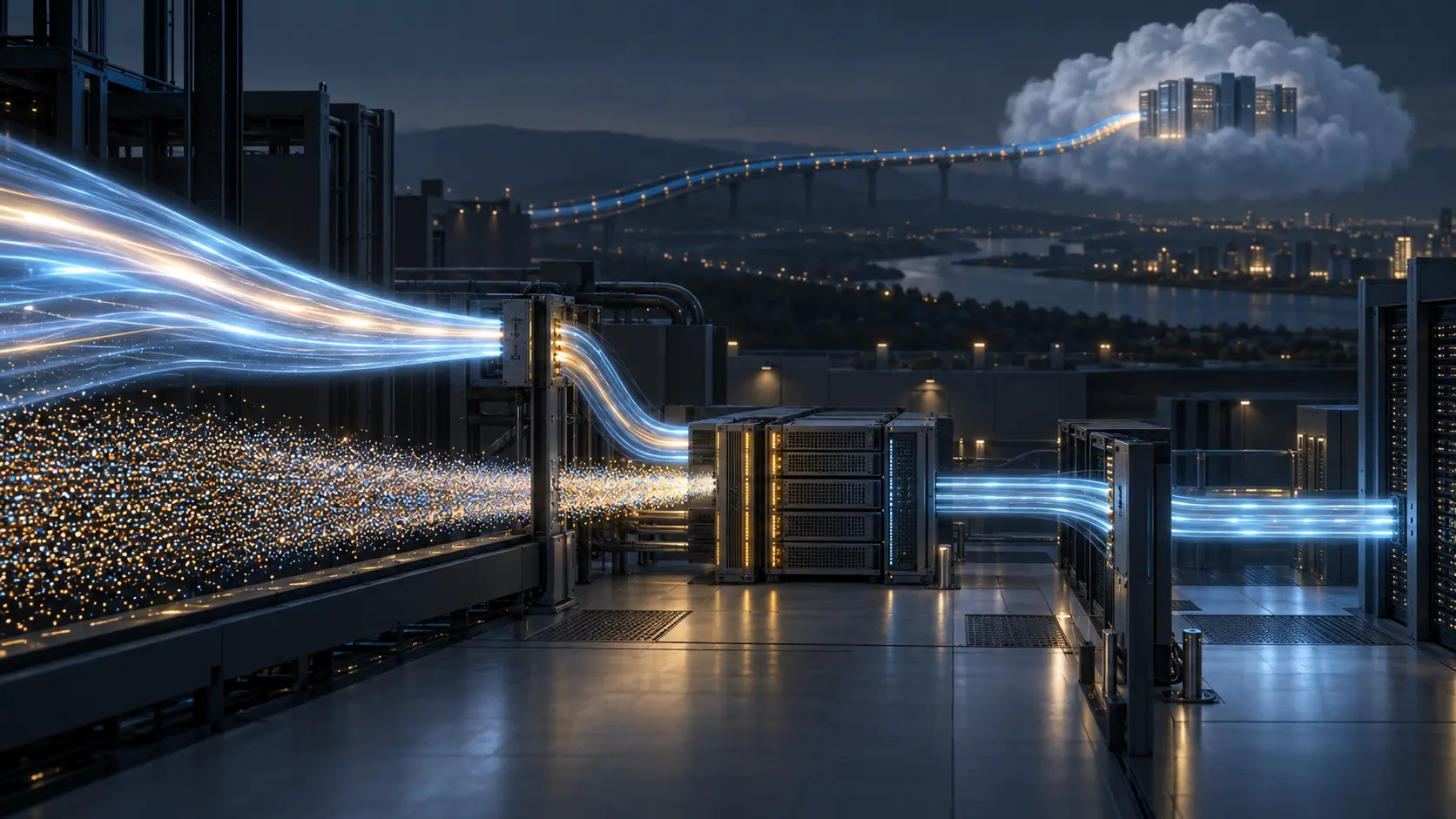 Editorial illustration of broad and fine-grained network traffic entering an edge defense and continuing along on-premises and cloud mitigation paths.