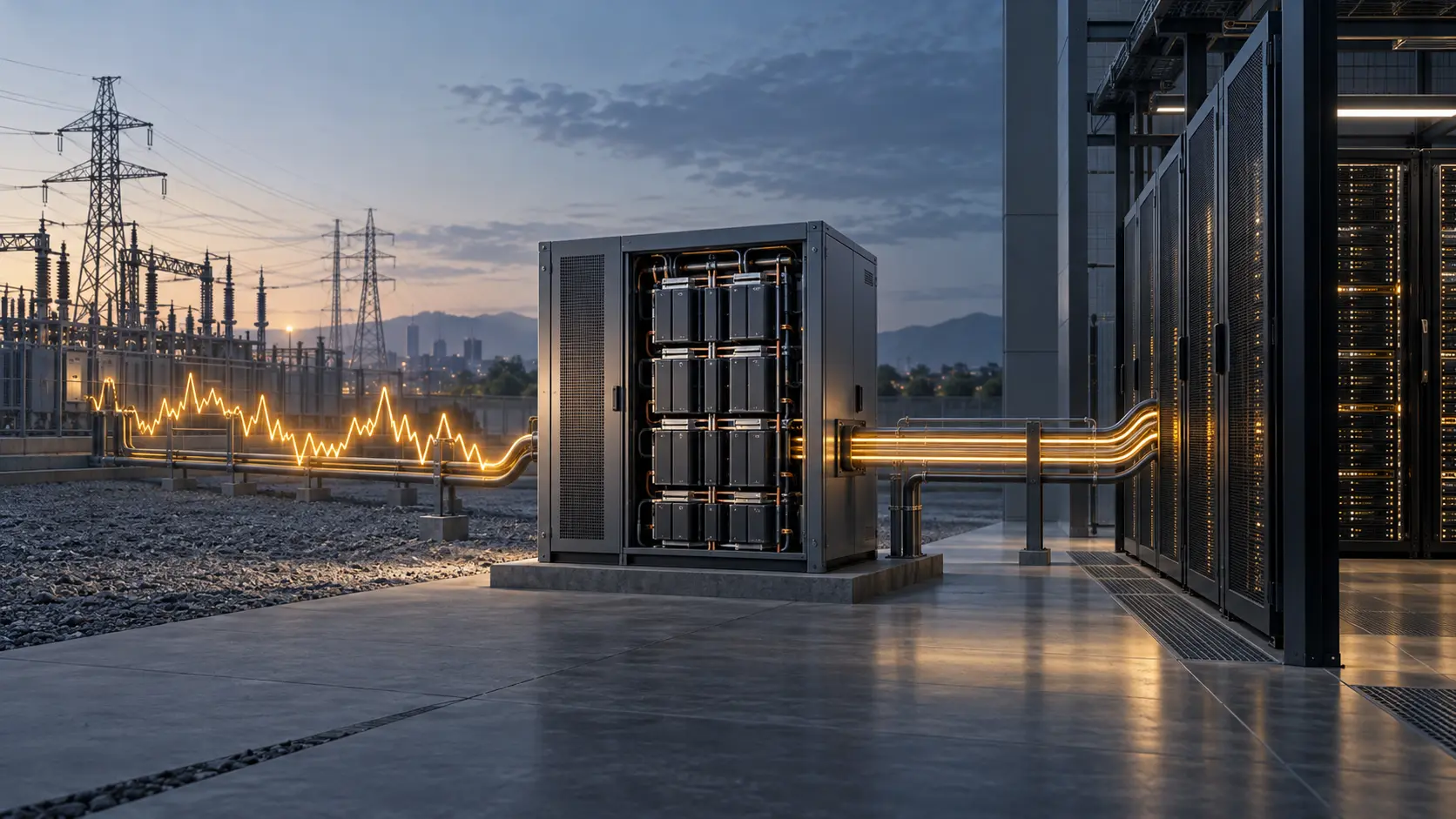 Conceptual illustration of grid power flowing through a rapid-response buffer to an AI data-centre rack