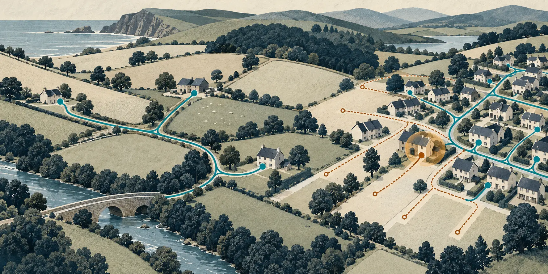 A conceptual address map separates built broadband links from dashed future plans and one address under review.