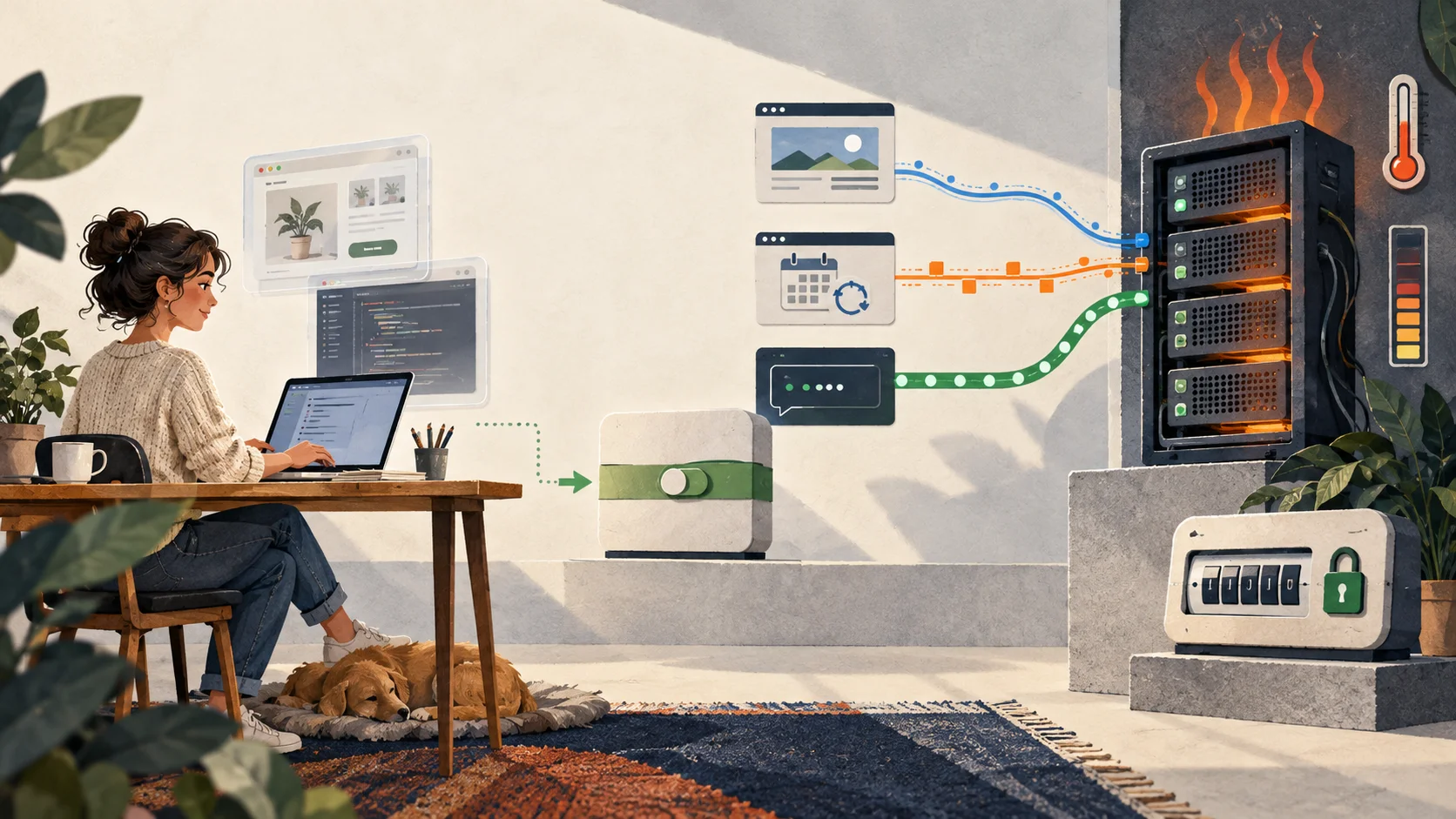 A small business owner publishes a web app as distinct workload streams reach a shared hosting server; editorial illustration, not a GoDaddy facility.